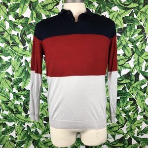 Zara Red Navy White Colorblock Polo Long Sleeve
